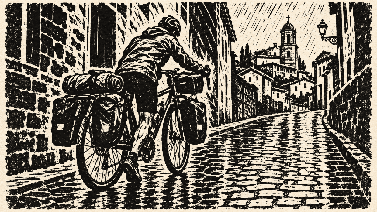 Linocut cyclist cobblestone
