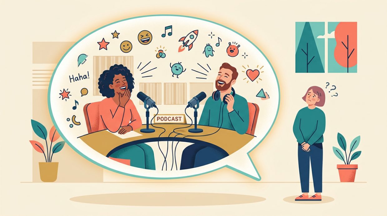 Podcast hosts laughing
